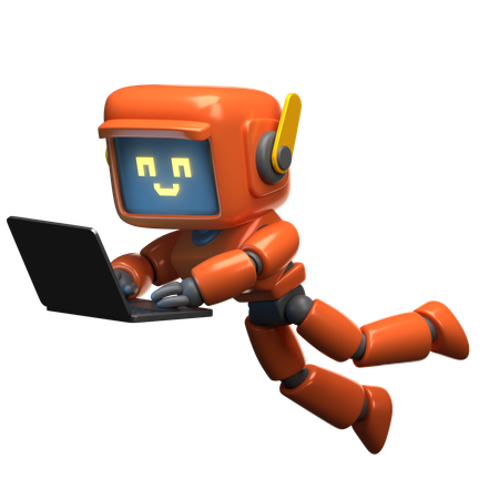 Orange Robot Using Laptop  3D Illustration