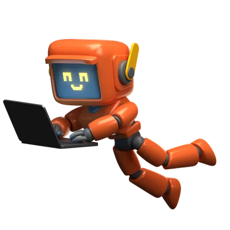 Orange Robot Using Laptop  3D Illustration