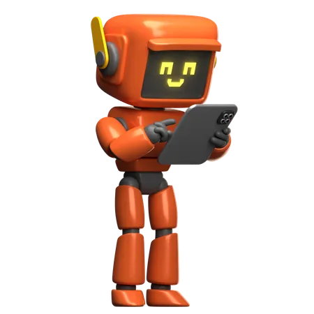 Orange Robot Using Tablet  3D Illustration