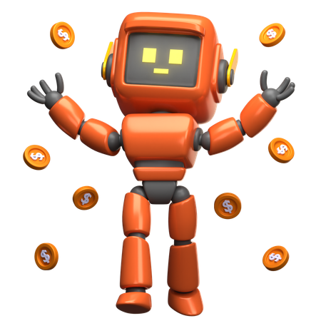 Orange Robot With Floating Coins  3D Illustration