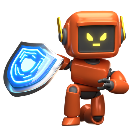 Orange Robot With Shield  3D Illustration