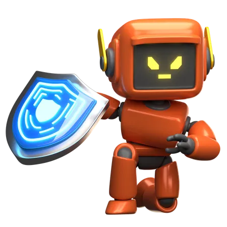 Orange Robot With Shield  3D Illustration