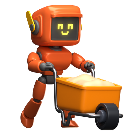 Orange Robot With Wheelbarrow  3D Illustration