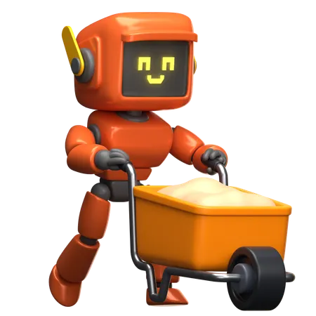 Orange Robot With Wheelbarrow  3D Illustration