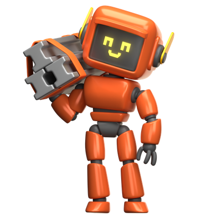 Orangefarbener Roboter hebt Baustahl  3D Illustration