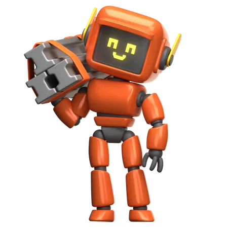 Orangefarbener Roboter hebt Baustahl  3D Illustration