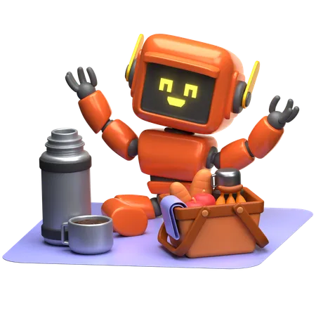 Orange Roboter Picknick  3D Illustration