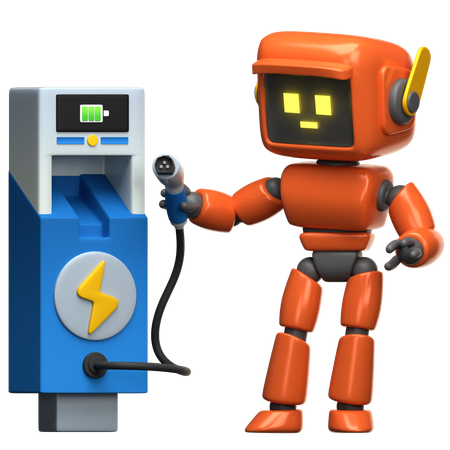 Orangefarbener Roboter an der Ladestation  3D Illustration