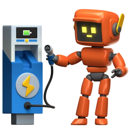 Orangefarbener Roboter an der Ladestation  3D Illustration