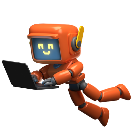 Orange Roboter mit Laptop  3D Illustration