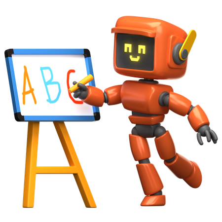 Orangefarbener Roboter bringt dem Alphabet das Alphabet bei  3D Illustration