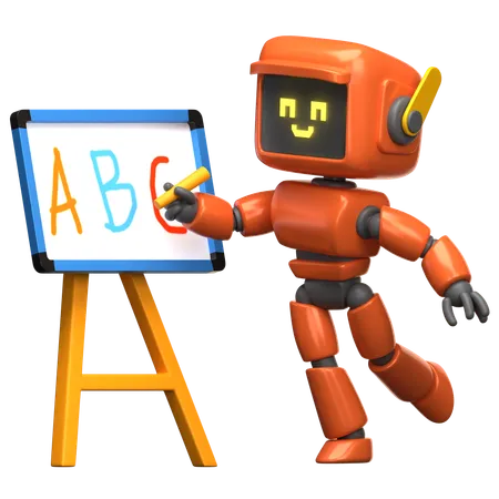 Orangefarbener Roboter bringt dem Alphabet das Alphabet bei  3D Illustration