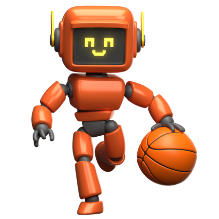 Orangefarbener Roboter, der Basketball dribbelt  3D Illustration