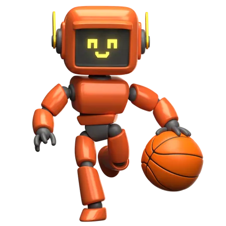 Orangefarbener Roboter, der Basketball dribbelt  3D Illustration