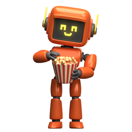 Orangefarbener Roboter genießt Popcorn  3D Illustration