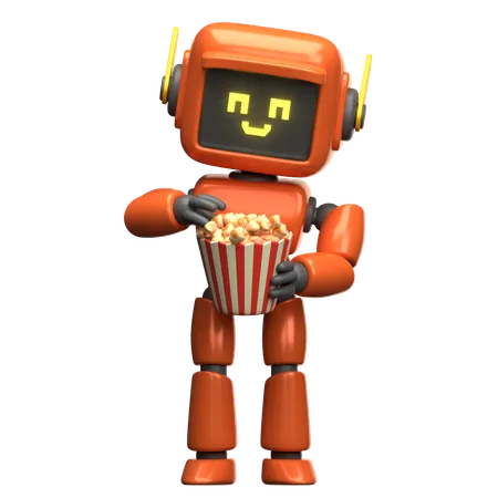 Orangefarbener Roboter genießt Popcorn  3D Illustration