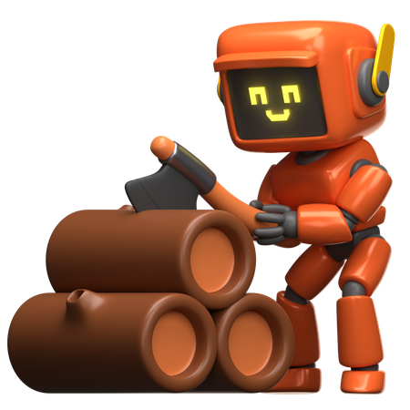 Orangefarbener Roboter, der Holz hackt  3D Illustration