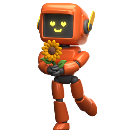 Orange Roboter hält eine Blume  3D Illustration