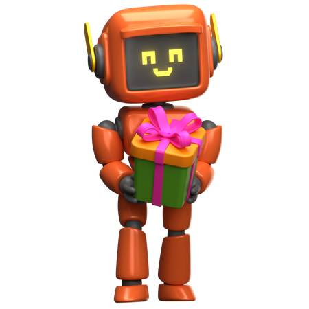 Orange Roboter mit einer Geschenkbox  3D Illustration