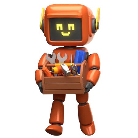 Orangefarbener Roboter mit einem Werkzeugkasten  3D Illustration