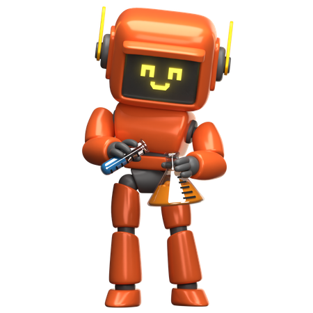 Orangefarbener Roboter mit Laborflasche  3D Illustration