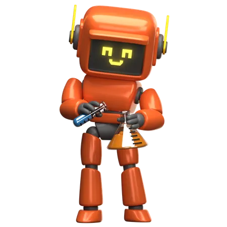 Orangefarbener Roboter mit Laborflasche  3D Illustration