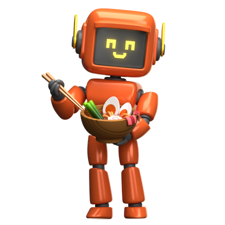 Orangefarbener Roboter isst Ramen  3D Illustration