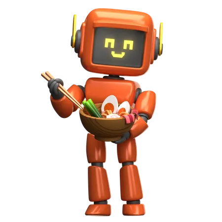 Orangefarbener Roboter isst Ramen  3D Illustration