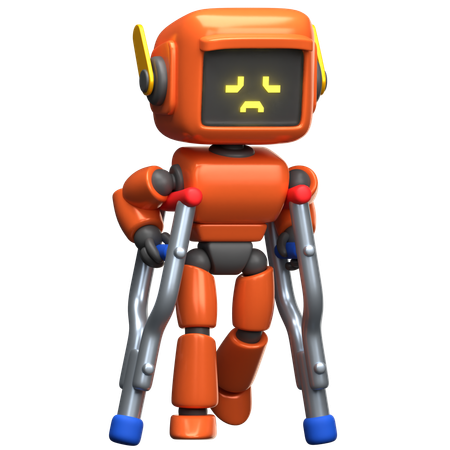 Orangefarbener Roboter mit Krücken  3D Illustration