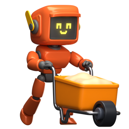 Orange Roboter mit Schubkarre  3D Illustration