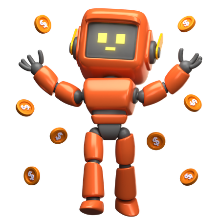 Orangefarbener Roboter mit schwebenden Münzen  3D Illustration