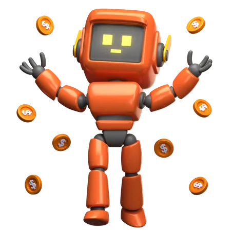 Orangefarbener Roboter mit schwebenden Münzen  3D Illustration