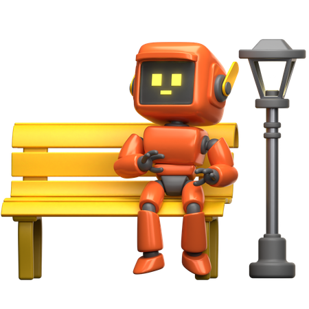 Orange Roboter sitzt auf einer Bank  3D Illustration