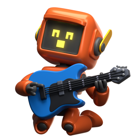 Orangefarbener Roboter, der Gitarre spielt  3D Illustration