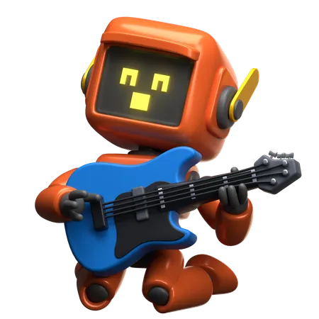 Orangefarbener Roboter, der Gitarre spielt  3D Illustration