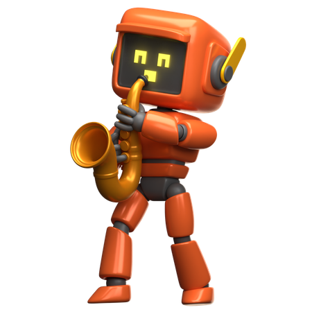 Orangefarbener Roboter spielt Saxophon  3D Illustration