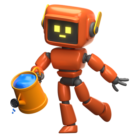 Orangefarbener Roboter mit einem Wassereimer  3D Illustration