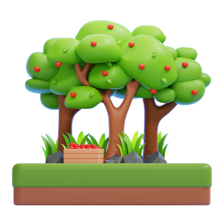 Orchard With Fruit Trees And Harvest Basket  3D Icon