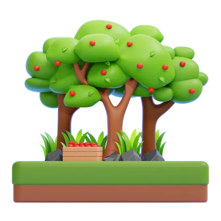 Orchard With Fruit Trees And Harvest Basket  3D Icon