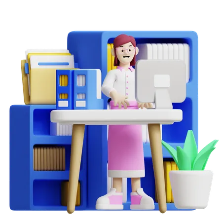 This 3 D Icon Shows A Person Standing At A Desk In A Neatly Organized Workspace Ideal For Illustrating Office Organization Business File Management And Productive Work Environments 3D Illustration