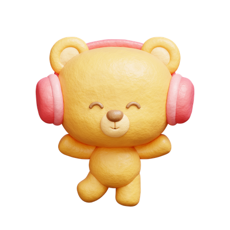 Oso escuchando música con auriculares  3D Illustration