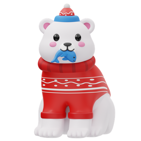 Oso polar con pez  3D Illustration