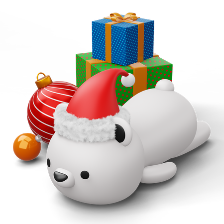 Ours polaire mignon avec des cadeaux de Noël  3D Illustration