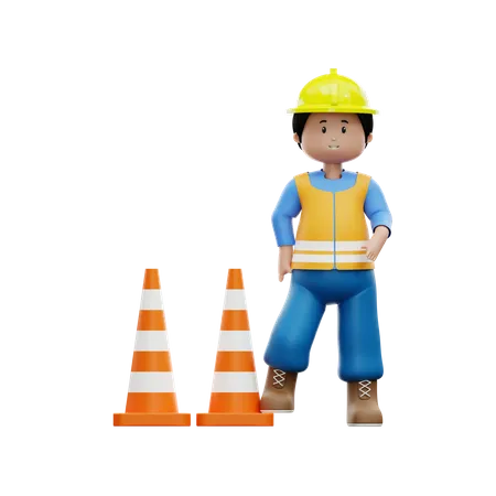 Travailleur de la construction avec cône de signalisation  3D Illustration