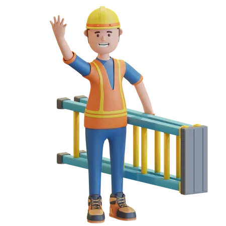 Ouvrier du bâtiment, tenue, échelle  3D Illustration