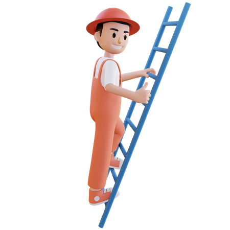 Ouvrier du bâtiment, escalader une échelle  3D Illustration