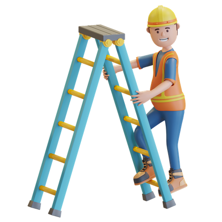 Ouvrier du bâtiment grimpant sur un escalier  3D Illustration