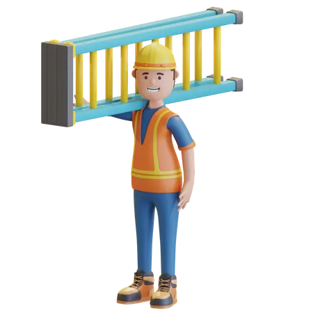 Travailleur de la construction portant une échelle d'escalier  3D Illustration