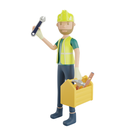 Travailleur de la construction portant une mallette à outils et une clé de maintien  3D Illustration
