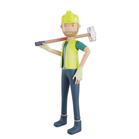 Travailleur de la construction portant un marteau  3D Illustration